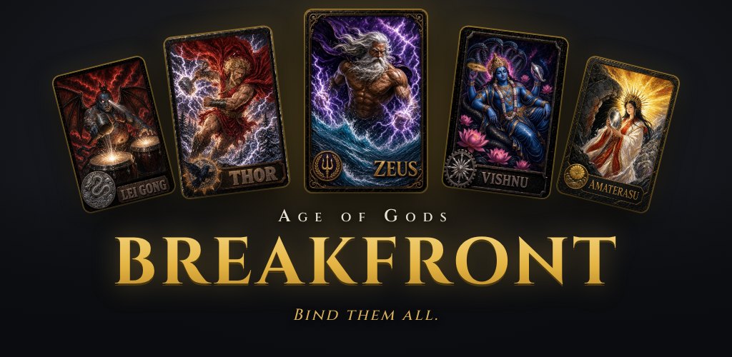 Age of Gods: Breakfront: five legendary god cards fanned above the title.