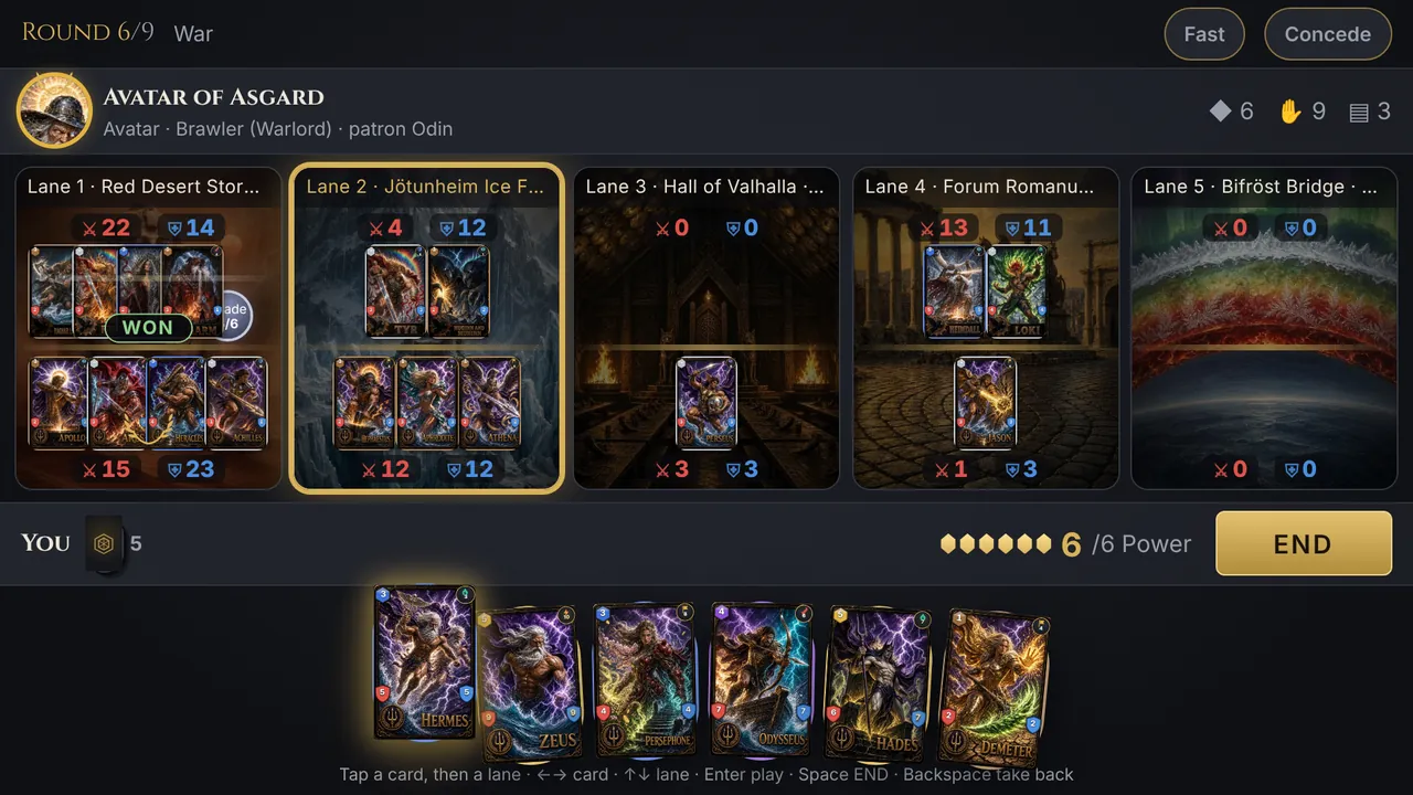 A five-lane War in Age of Gods: Breakfront, with gods placed in each lane against the Avatar of Asgard.